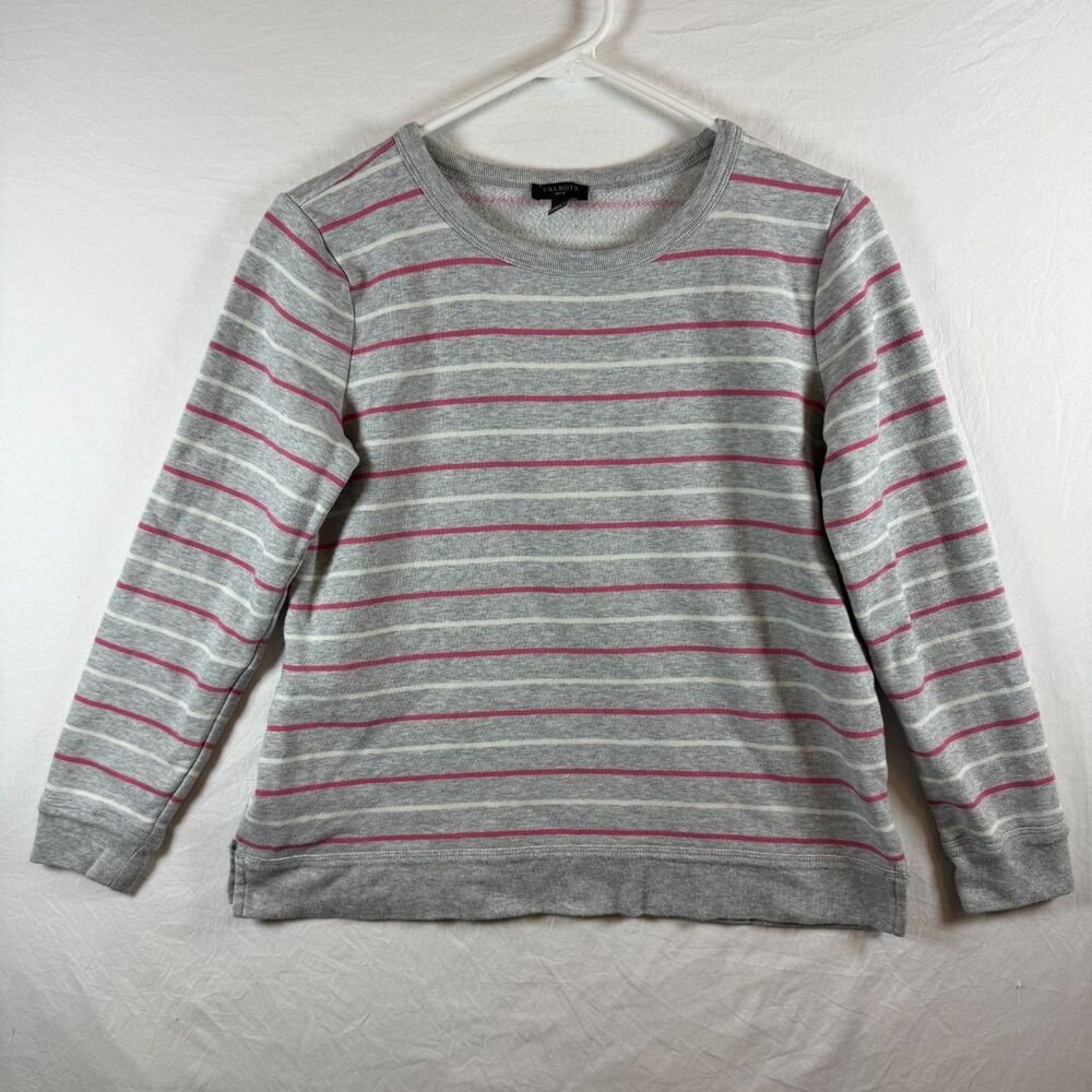 Talbots Petite Crewneck Sweatshirt Gray Pink White Stripe Cotton